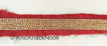 Black / Red Art Silk Fabric Trim With Gold Bugle Beads Embellishments And Gold Embroidery, Beaded Trim,